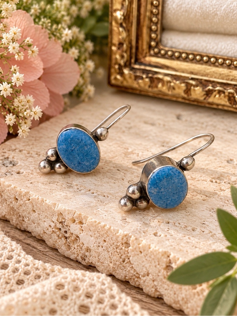 Sterling Silver Oval Denim Lapis Lazuli Drop Earrings